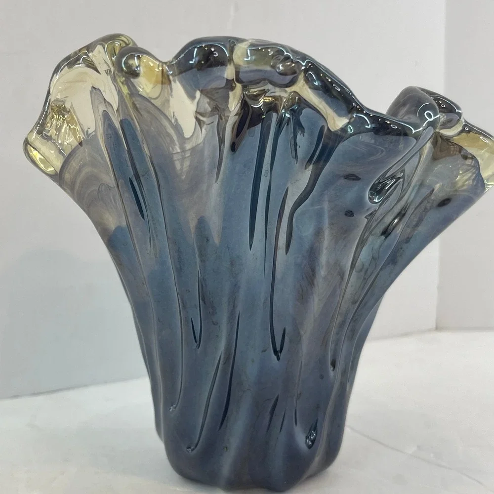 Vintage Murano Style Handkerchief Art Glass Vase Brown Swirl‎ Ruffle Hand Blown
